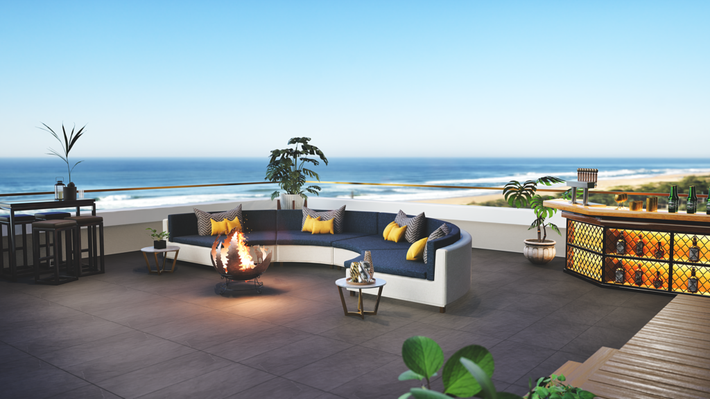 VWR photorealistic architectural rendering of a modern oceanfront terrace with outdoor seating and coastal view